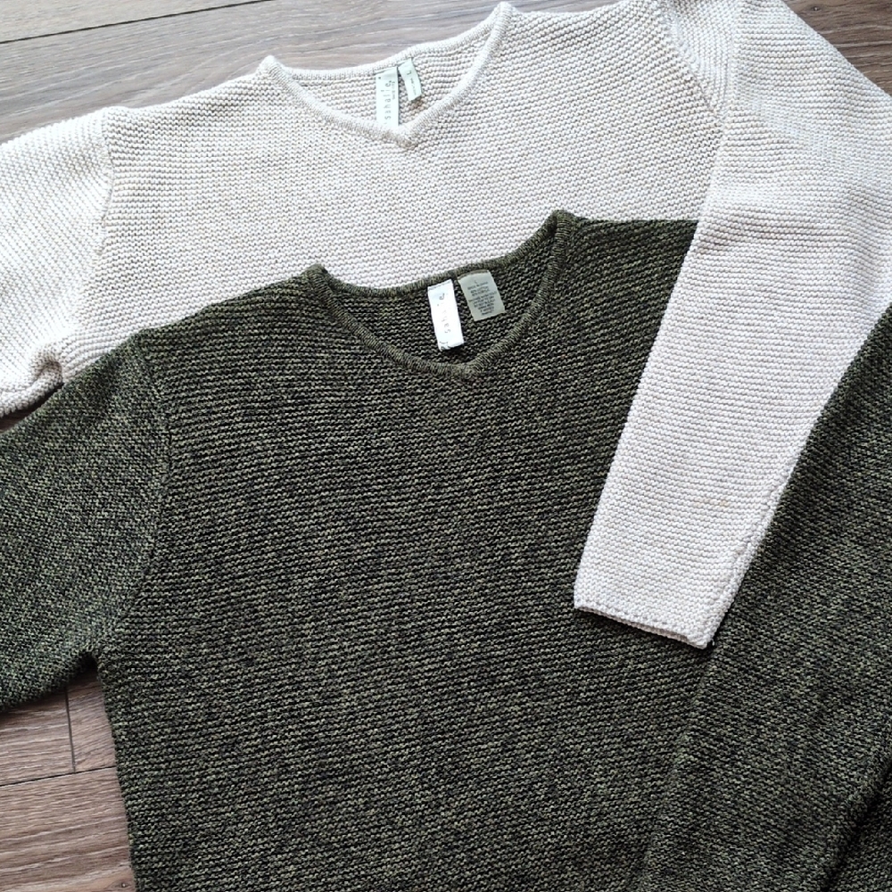 2 Sahalie Chunky Knit V-Neck Long Sleeve Sweaters - Cotton Blend - Tan & Green L - Picture 2 of 13